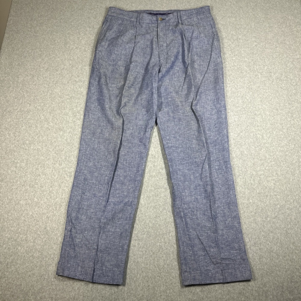 Alan Flusser Pleated Linen Rayon Blend Pants Men's 34x30 Blue Trousers Cuffed